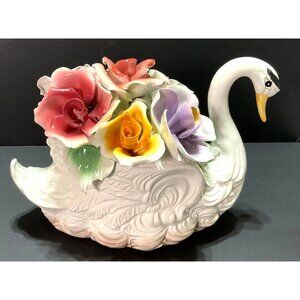 Vtg Capodimonte Large Swan Bone China Floral Made in Italy 7"H X 10"L X 7"W